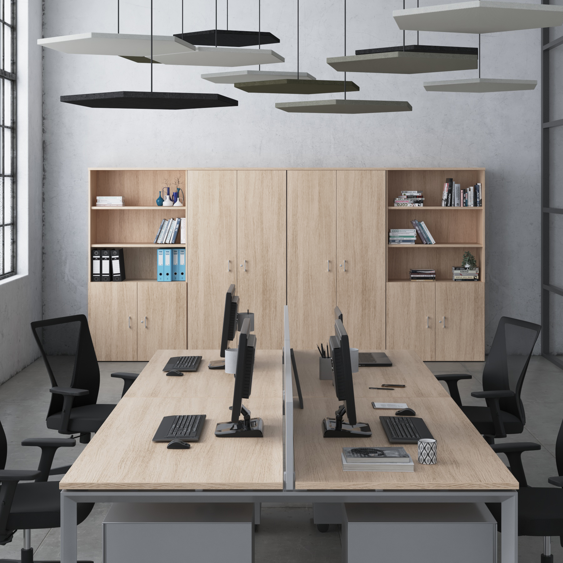 Bureau met tafel, stoelen en kasten