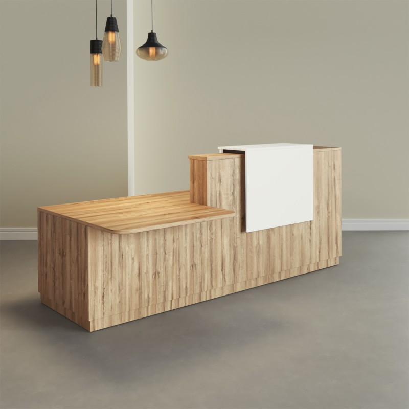 Mostrador PMR castaño con altillo blanco