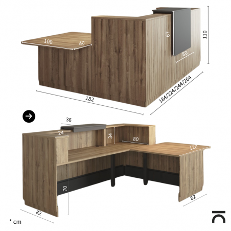 Rolstoeltoegankelijke Hoekreceptiebalie Duomo, afmetingen