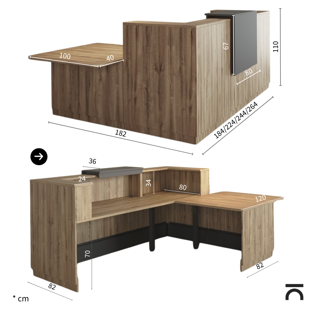 Rolstoeltoegankelijke Hoekreceptiebalie Duomo, afmetingen