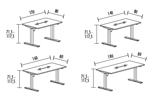 Afmetingen electrisch verstelbaar zit-sta bureau Polaris